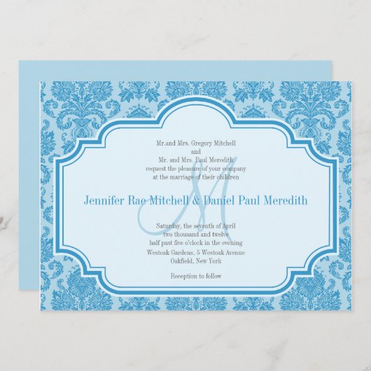 Monogram M Blue Damask Wedding Invitations Kaart (Voorkant / Achterkant)