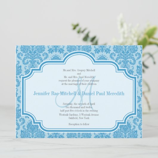 Monogram M Blue Damask Wedding Invitations Kaart (Staand voorkant)