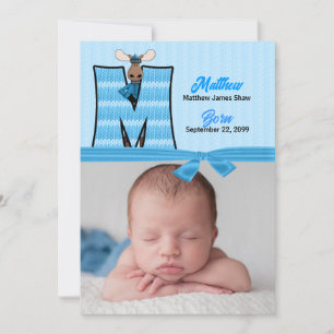 Monogram M Blue Moose Photo Birth Aankondiging