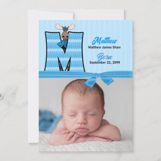 Monogram M Blue Moose Photo Birth Aankondiging (Voorkant)