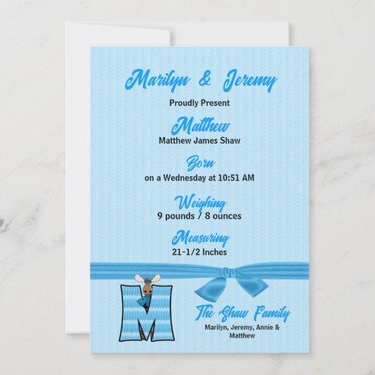 Monogram M Blue Moose Photo Birth Aankondiging (Achterkant)