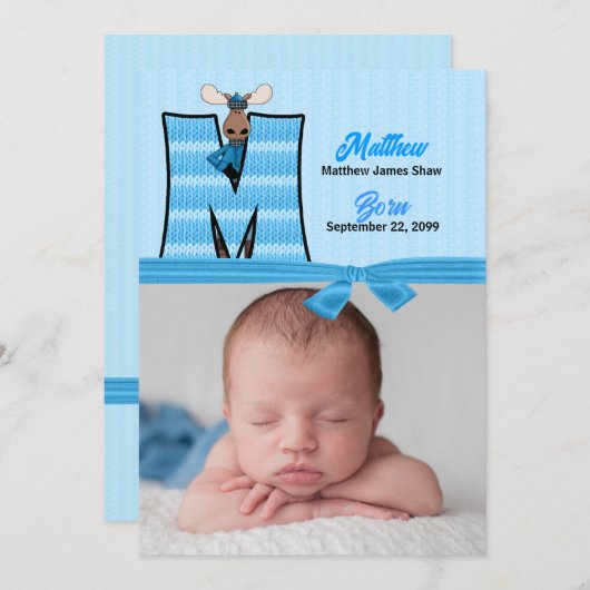 Monogram M Blue Moose Photo Birth Aankondiging (Voorkant / Achterkant)