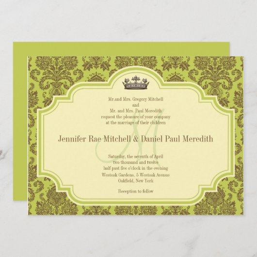 Monogram M Brown Damask Wedding Invitations Kaart (Voorkant / Achterkant)