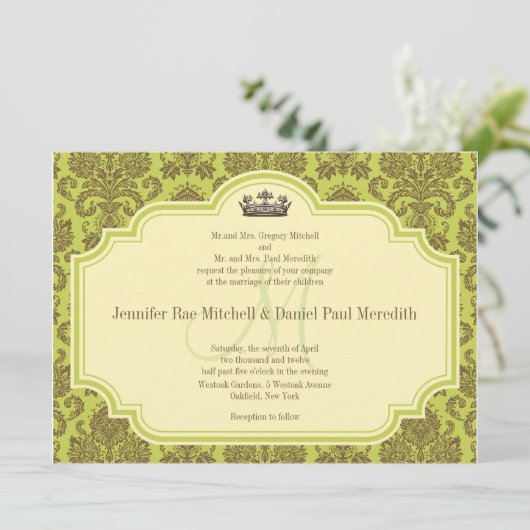 Monogram M Brown Damask Wedding Invitations Kaart (Staand voorkant)
