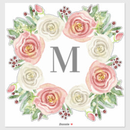 Monogram M Bruiloft Waterverf Roos Bloemenkrans Sticker