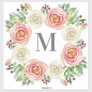 Monogram M Bruiloft Waterverf Roos Bloemenkrans Sticker