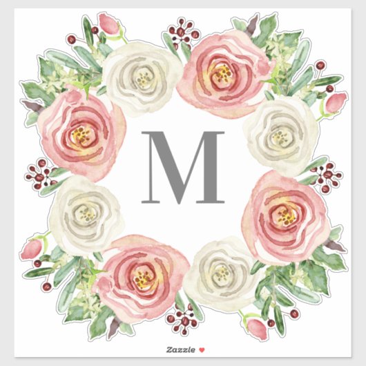 Monogram M Bruiloft Waterverf Roos Bloemenkrans Sticker (Vel)