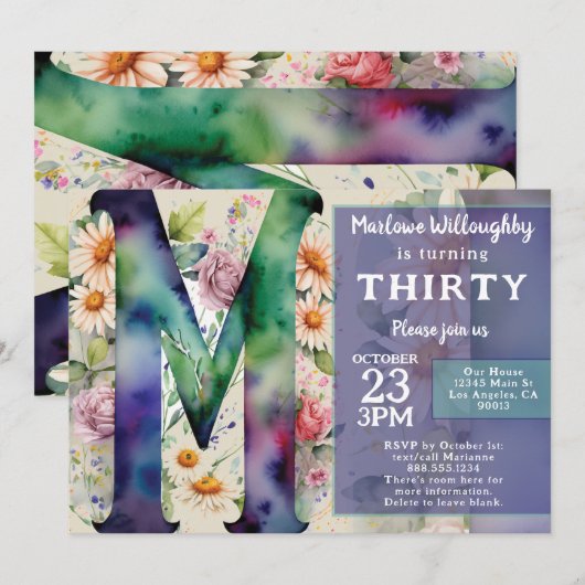 Monogram M Colorful Watercolor Flowers Birthday  Kaart (Voorkant / Achterkant)