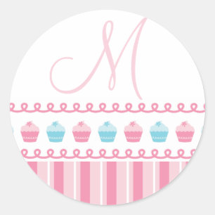 Monogram M Cupcakes Pinstripes Roze Blauw Sticker