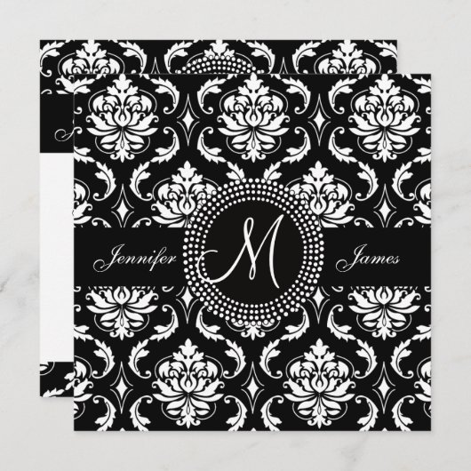 Monogram M Damask Black Wedding Invitations Kaart (Voorkant / Achterkant)