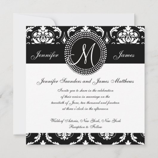 Monogram M Damask Black Wedding Invitations Kaart (Achterkant)