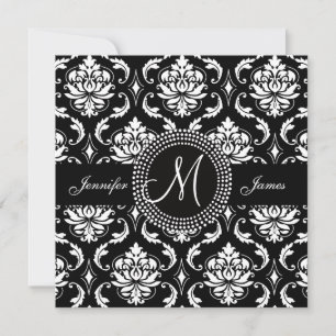 Monogram M Damask Black Wedding Invitations Kaart