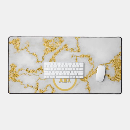 Monogram M Elegant Wit & Goud Marmeren Patroon Bureaumat (Keyboard & Muis)
