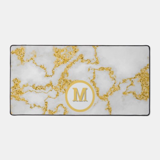 Monogram M Elegant Wit & Goud Marmeren Patroon Bureaumat (Voorkant)