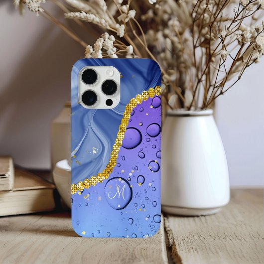 Monogram M Glam Goud Blauw & Paarse Druppels Case-Mate iPhone Case