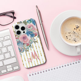 Monogram M Glam Gouden Strepen Roze Aqua Rozen iPhone 15 Pro Max Hoesje