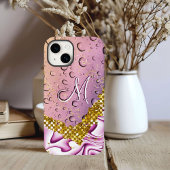 Monogram M Gold Glitter Pink Fantasy Regendruppels Case-Mate iPhone Case