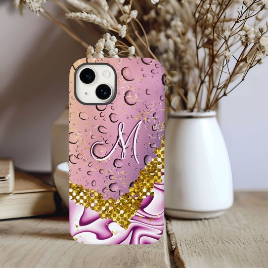 Monogram M Gold Glitter Pink Fantasy Regendruppels Case-Mate iPhone Case