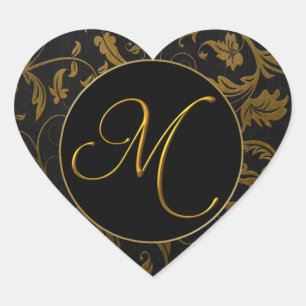 Monogram M Goud en Zwart Damast Bruiloft Seal Hart Sticker