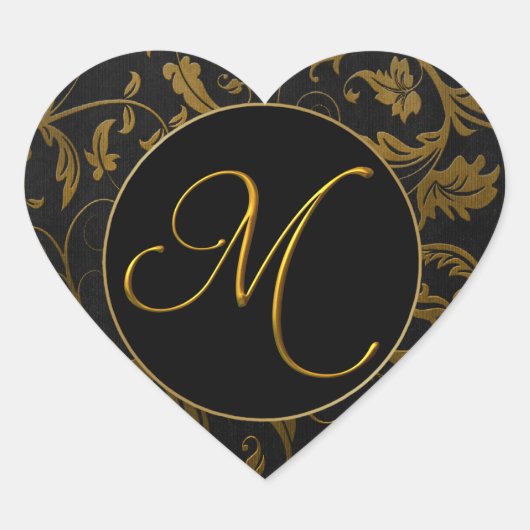 Monogram M Goud en Zwart Damast Bruiloft Seal Hart Sticker (Voorkant)