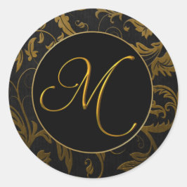 Monogram M Goud en Zwart Damast Bruiloft Seal Ronde Sticker