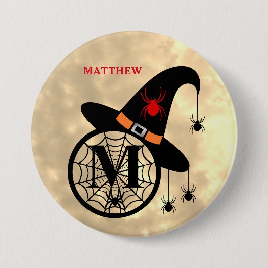 Monogram M Halloween Sky Witch Spiders Name Button (Voorkant)