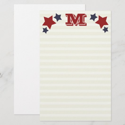 Monogram M/Initiaal M Stars & Stripes Stationery Briefpapier (Voorkant / Achterkant)