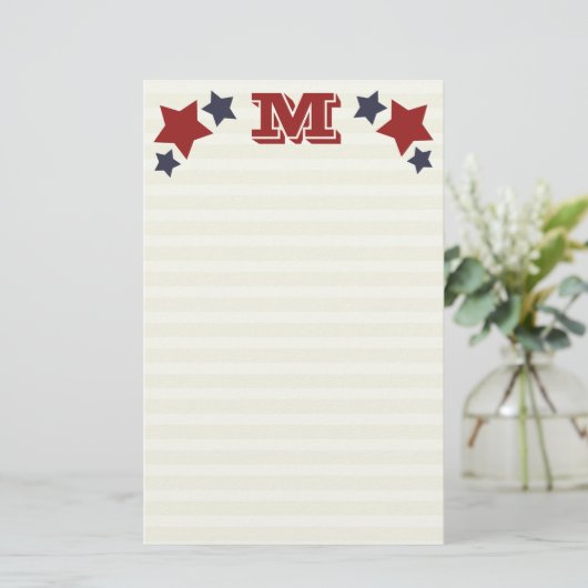 Monogram M/Initiaal M Stars & Stripes Stationery Briefpapier (Staand voorkant)