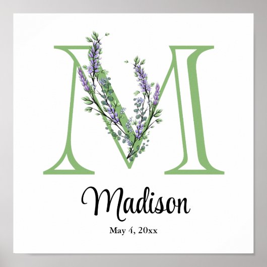 Monogram M Lavender Eucalyptus nursery Poster (Voorkant)
