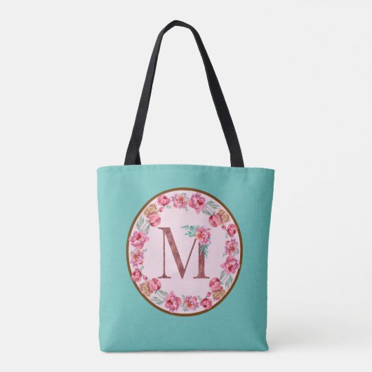 Monogram M Letter met Peony Flower Afbeelding Canv Tote Bag (Achterkant)