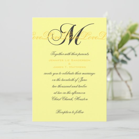 Monogram M Love Wedding Invitting Yellow Kaart (Staand voorkant)