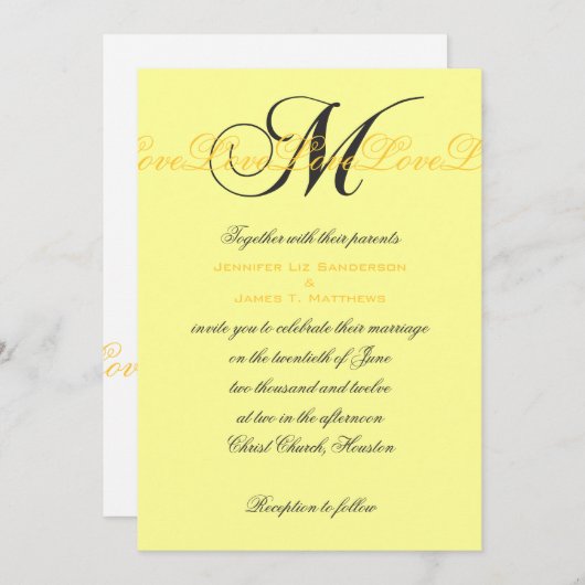 Monogram M Love Wedding Invitting Yellow Kaart (Voorkant / Achterkant)