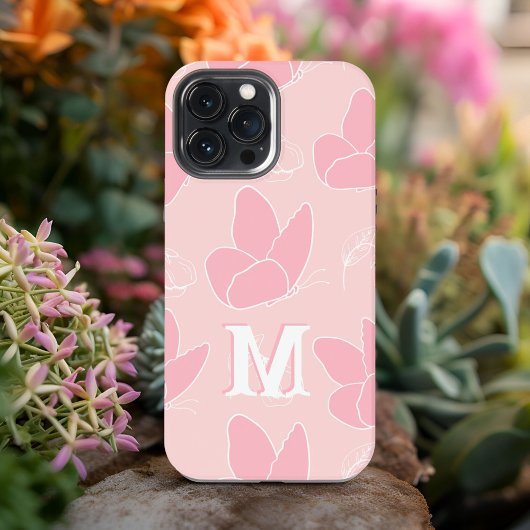 Monogram M Modern Blush & Roze Vlinder Patroon iPhone Hoesje