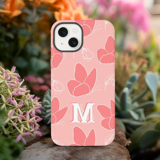 Monogram M Modern Koraal Roze Vlinder Patroon iPhone Hoesje