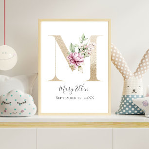 Monogram M Roze witte Floral Gold Letter Neursery Poster