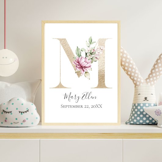 Monogram M Roze witte Floral Gold Letter Neursery Poster