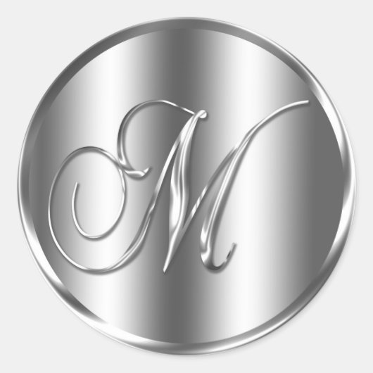 Monogram M Silver Color Wedding Invitation Holiday Ronde Sticker (Voorkant)