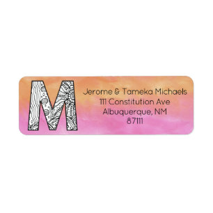 Monogram "M" Tangle Letter Oranje Roze Waterverf Etiket