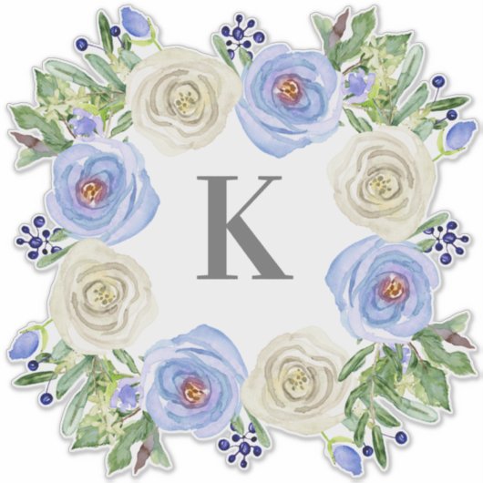 Monogram M Trouwblauw in Witte Roos Bloemenkrans Sticker (Voorkant)