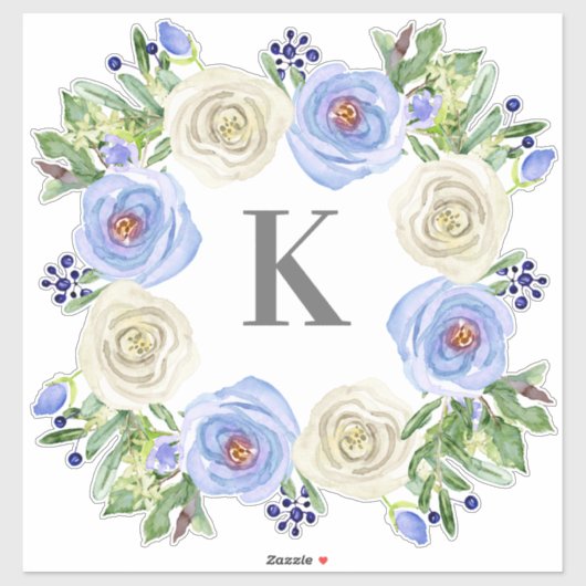 Monogram M Trouwblauw in Witte Roos Bloemenkrans Sticker (Vel)