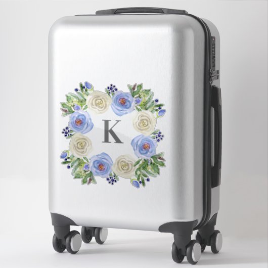 Monogram M Trouwblauw in Witte Roos Bloemenkrans Sticker (Koffer)