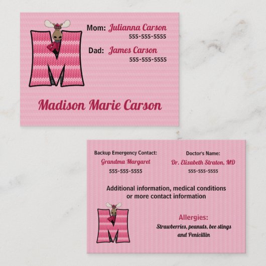 Monogram M van de noodinformatiekaarten voor kinde Contactkaartje (Voorkant / Achterkant)