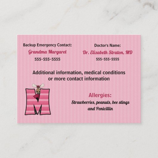 Monogram M van de noodinformatiekaarten voor kinde Contactkaartje (Achterkant)