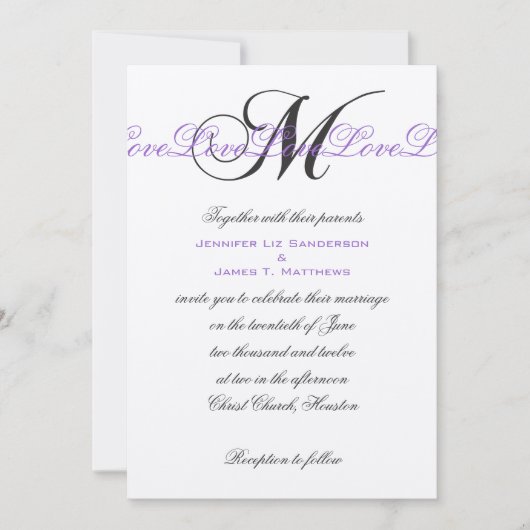 Monogram M Wedding Invitations Paars Silver Kaart (Voorkant)