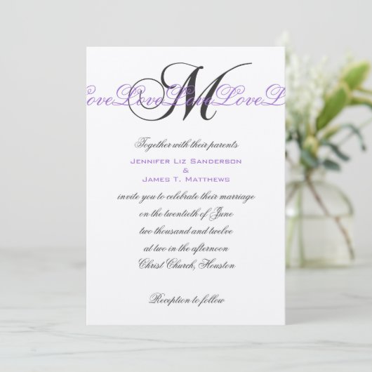 Monogram M Wedding Invitations Paars Silver Kaart (Staand voorkant)