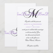 Monogram M Wedding Invitations Paars Silver Kaart (Voorkant / Achterkant)