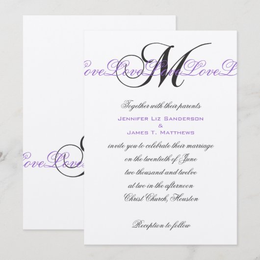 Monogram M Wedding Invitations Paars Silver Kaart (Voorkant / Achterkant)