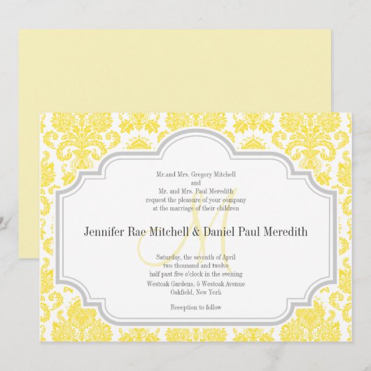 Monogram M Yellow Damask Wedding Invitations Kaart (Voorkant / Achterkant)