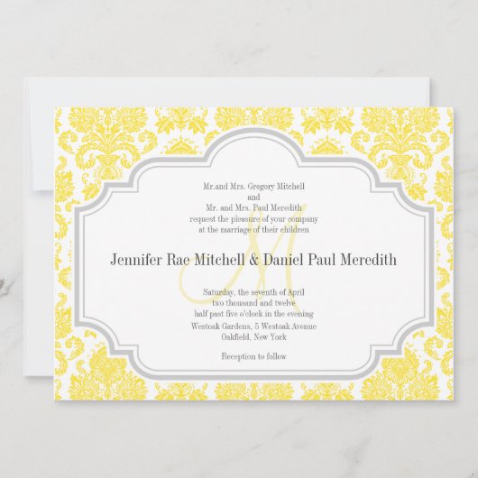 Monogram M Yellow Damask Wedding Invitations Kaart (Voorkant)