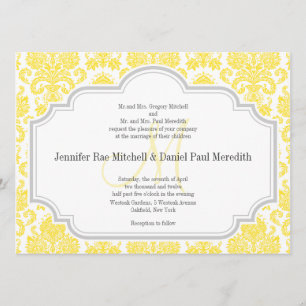 Monogram M Yellow Damask Wedding Invitations Kaart